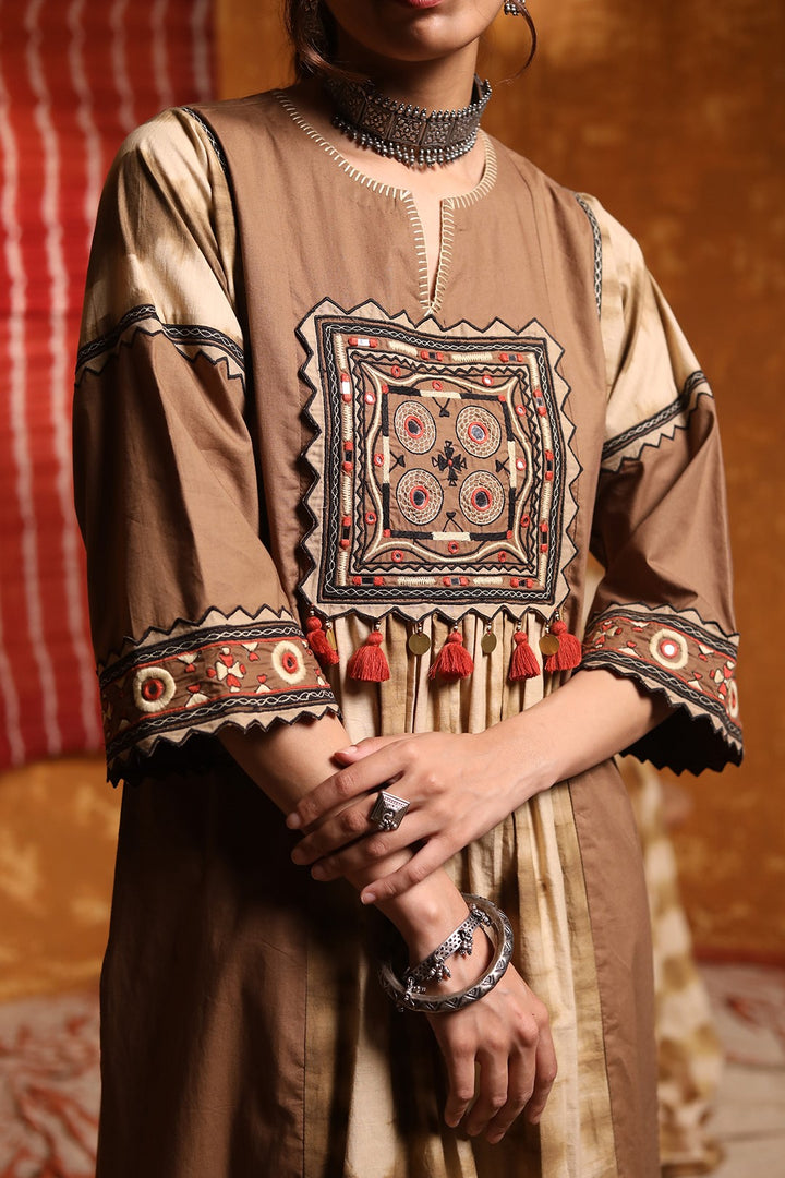 Brown Beige Colour Patch Kurta with Pants