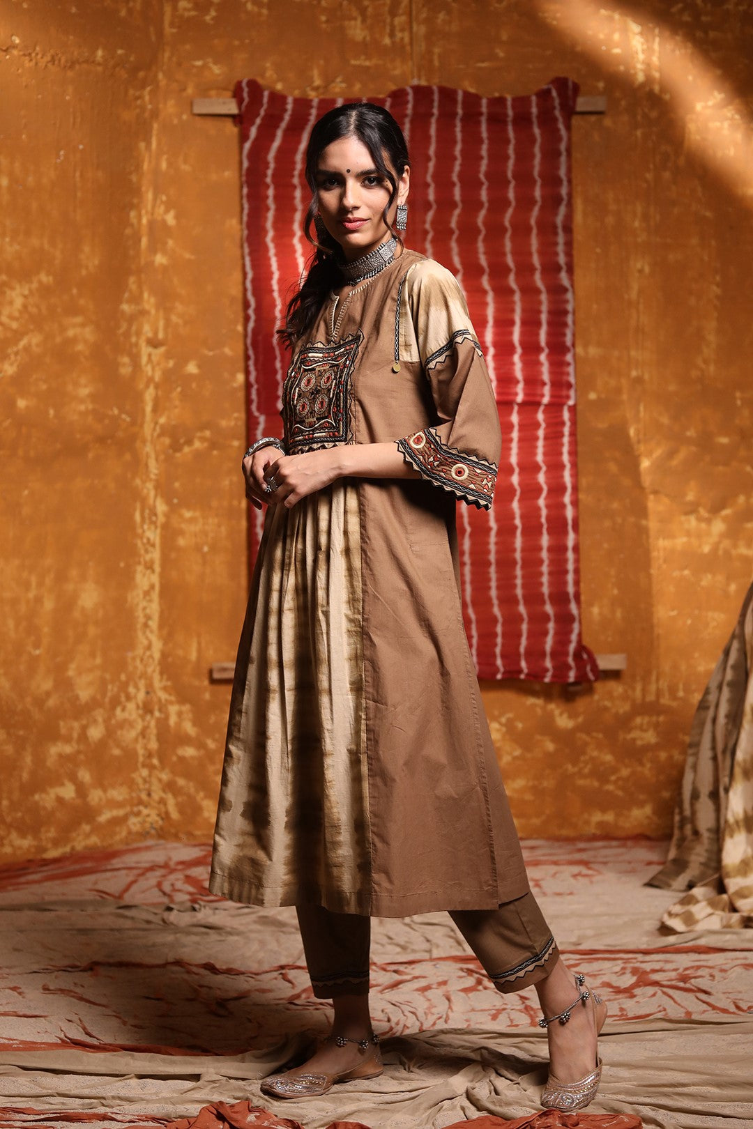 Brown Beige Colour Patch Kurta with Pants