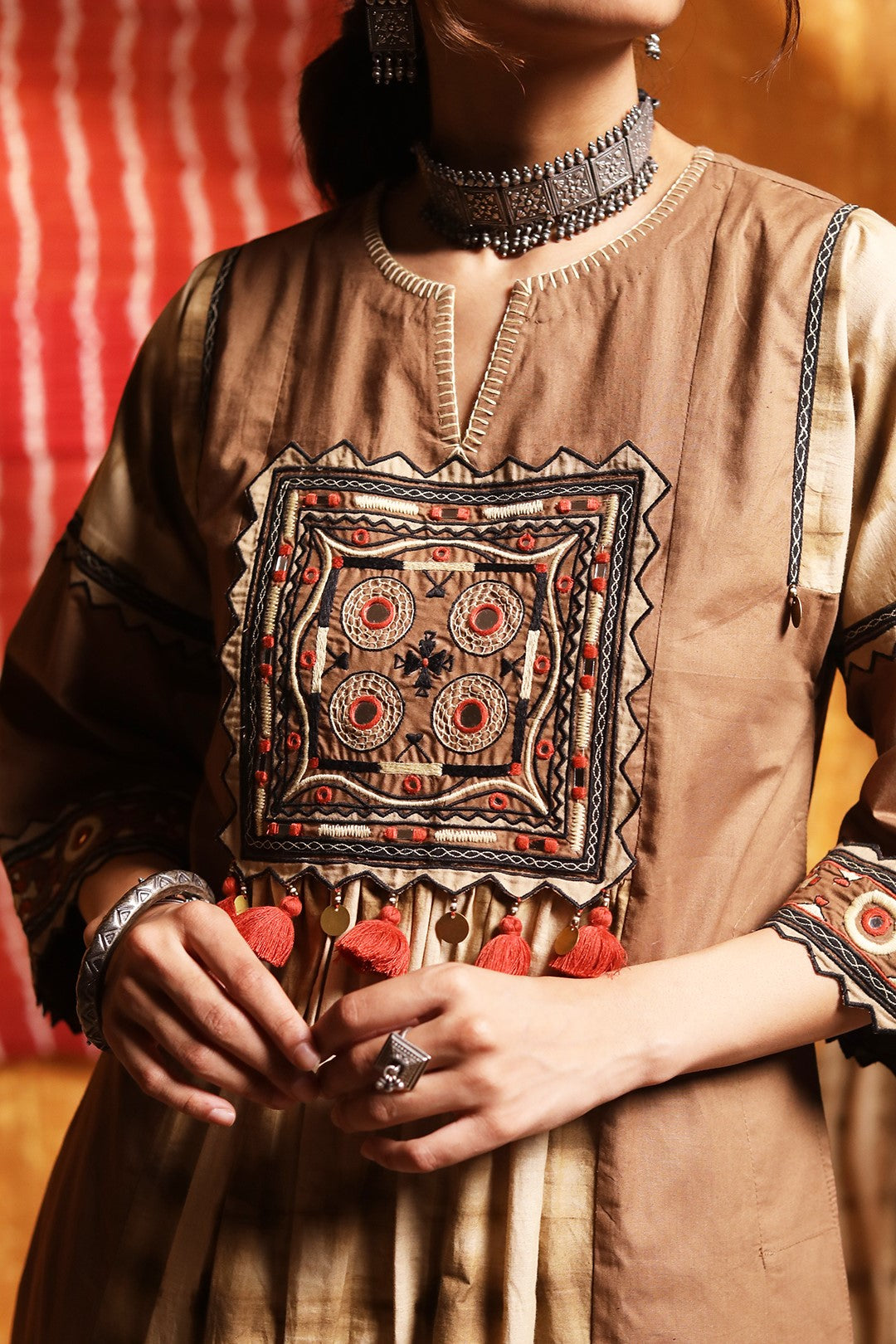 Brown Beige Colour Patch Kurta with Pants