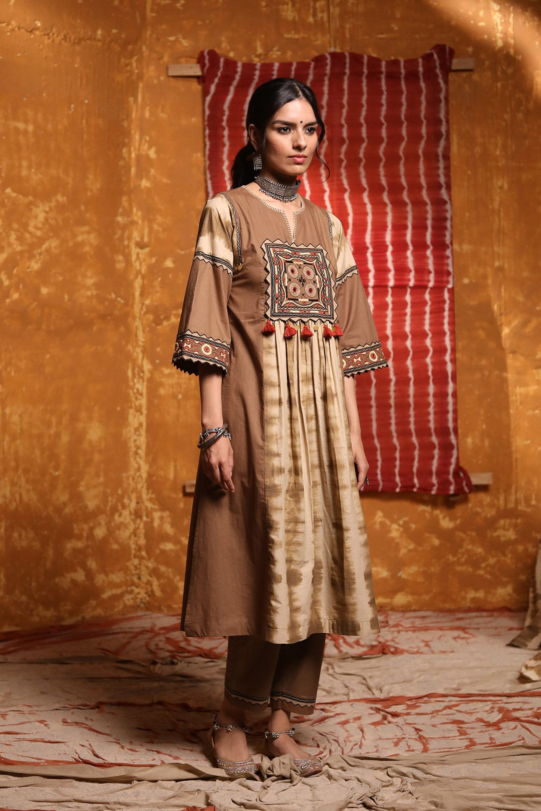 Brown Beige Colour Patch Kurta with Pants