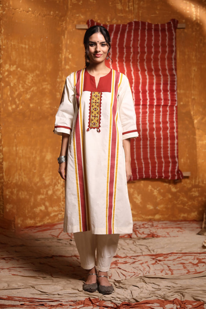 Ivory Colour Block Embriodery Patch Kurta With Pants