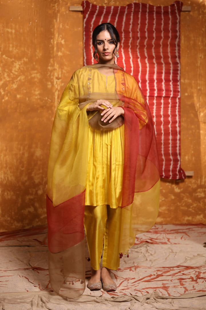 Silk Cape with Studded tribal Motifs with Silk Pants & Dupatta