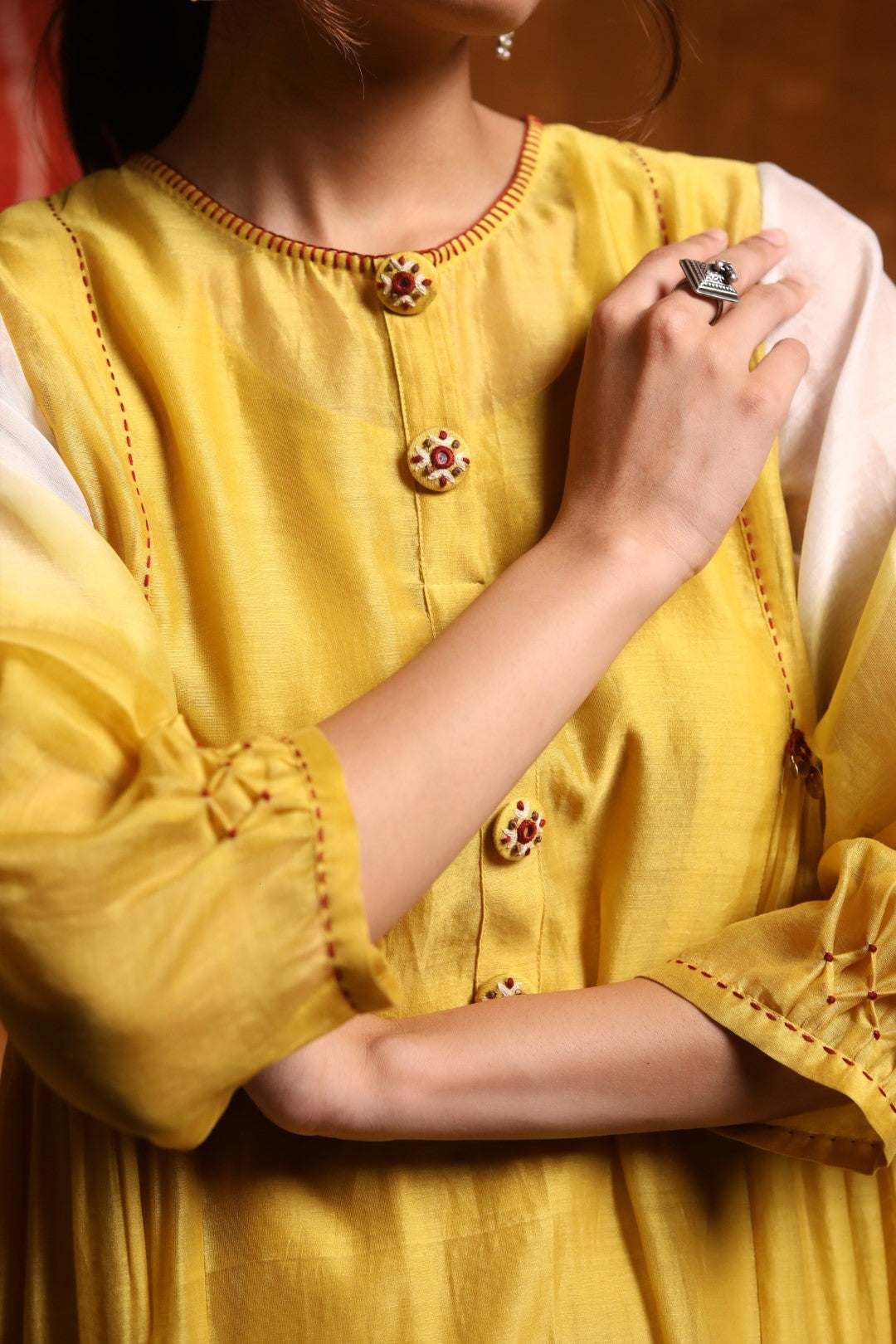 Mustard Ombre Button Embroidery Kurta