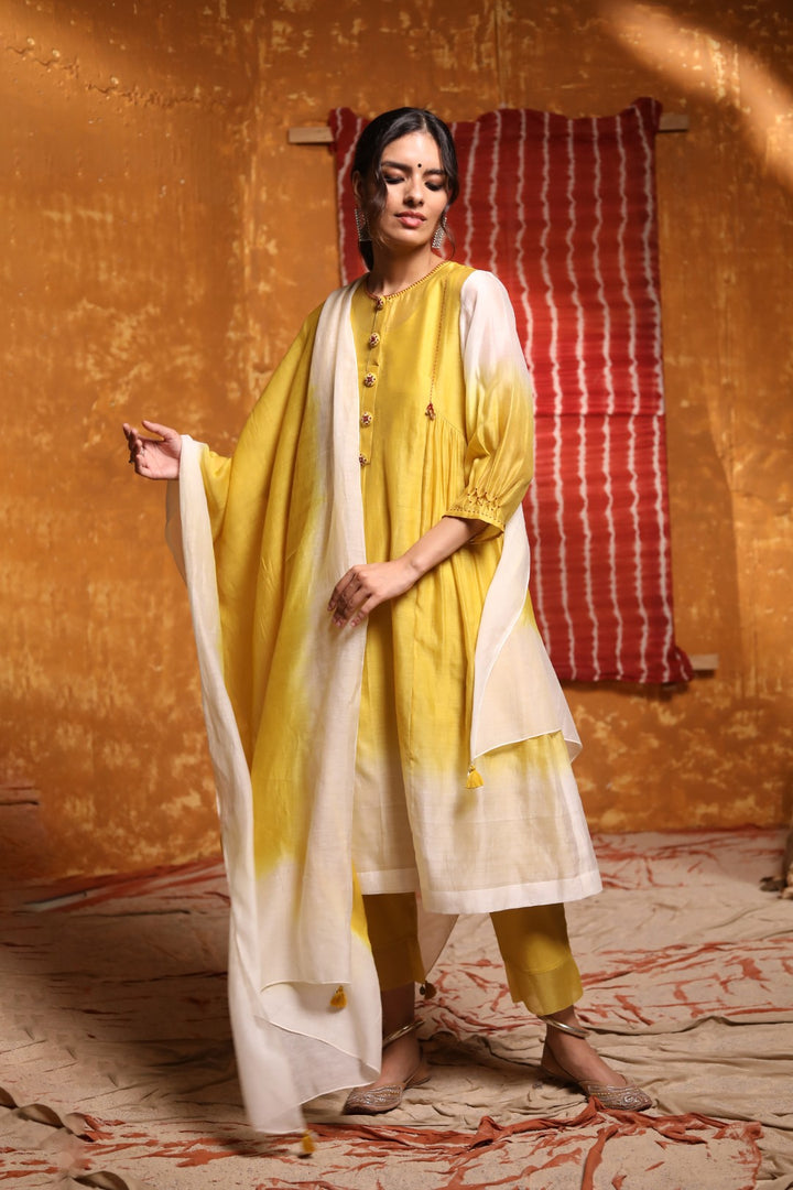 Mustard Ombre Button Embroidery Kurta With Pants & Dupatta