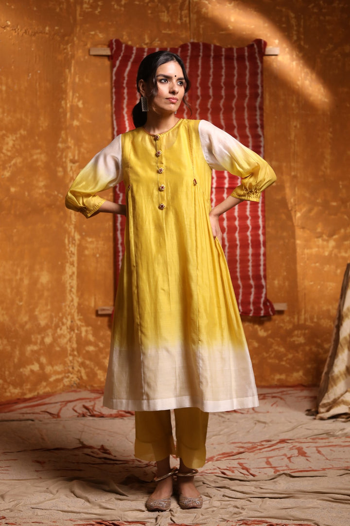 Mustard Ombre Button Embroidery Kurta