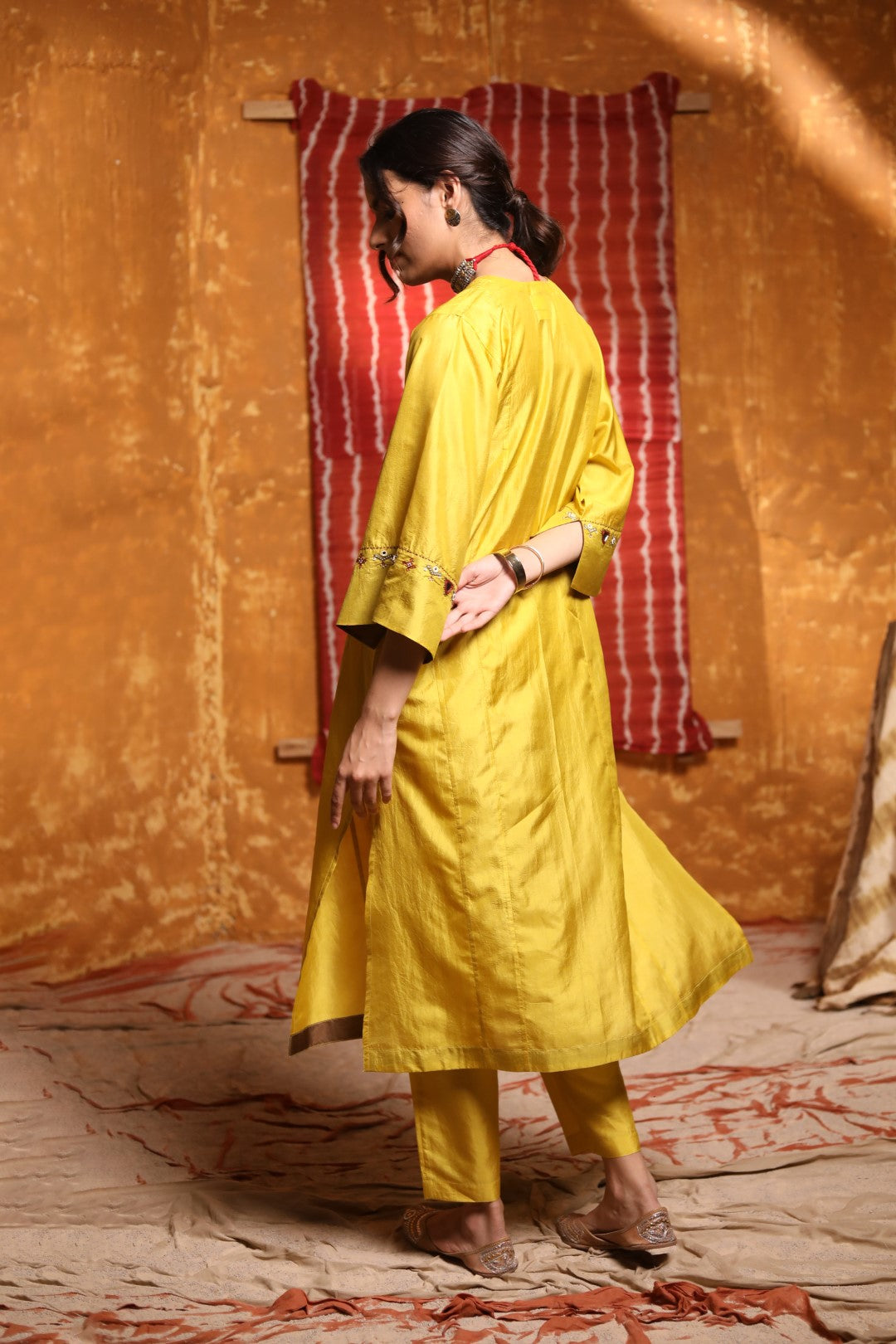 Mustard Handloom Silk Pintuck Choga With Pant Dupatta