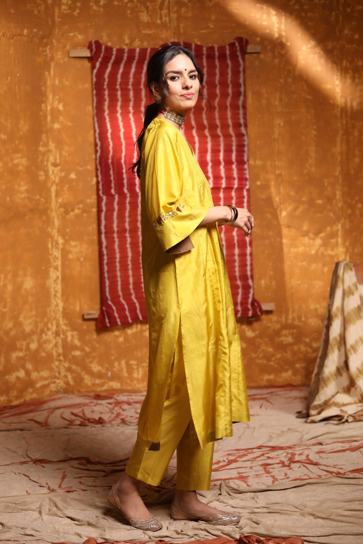 Mustard Handloom Silk Pintuck Choga With Pant Dupatta