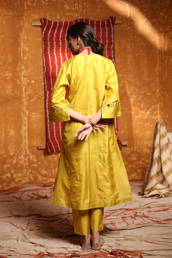 Mustard Handloom Silk Pintuck Choga