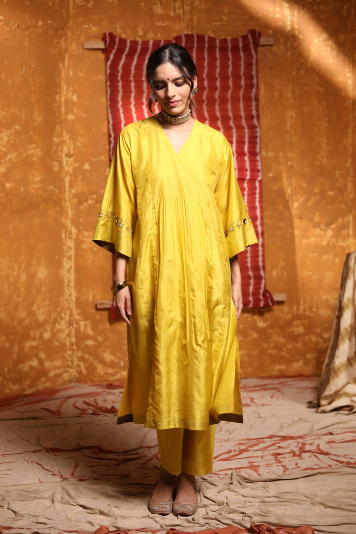 Mustard Handloom Silk Pintuck Choga With Pant Dupatta