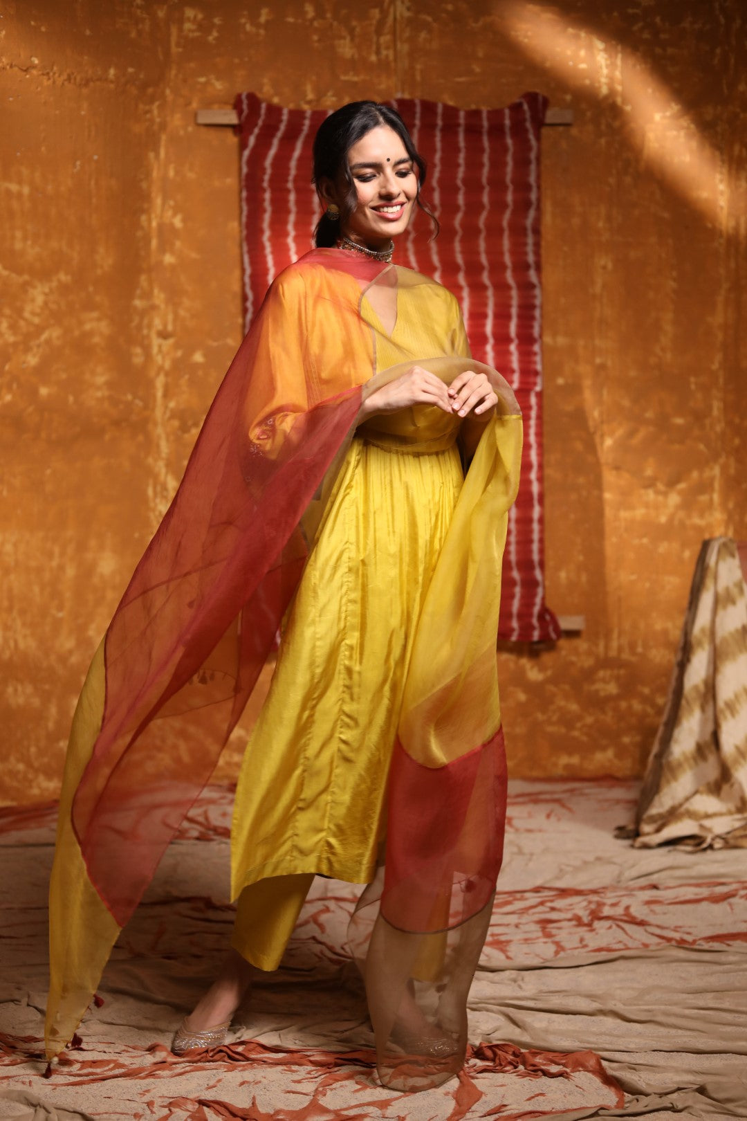 Mustard Handloom Silk Pintuck Choga With Pant Dupatta