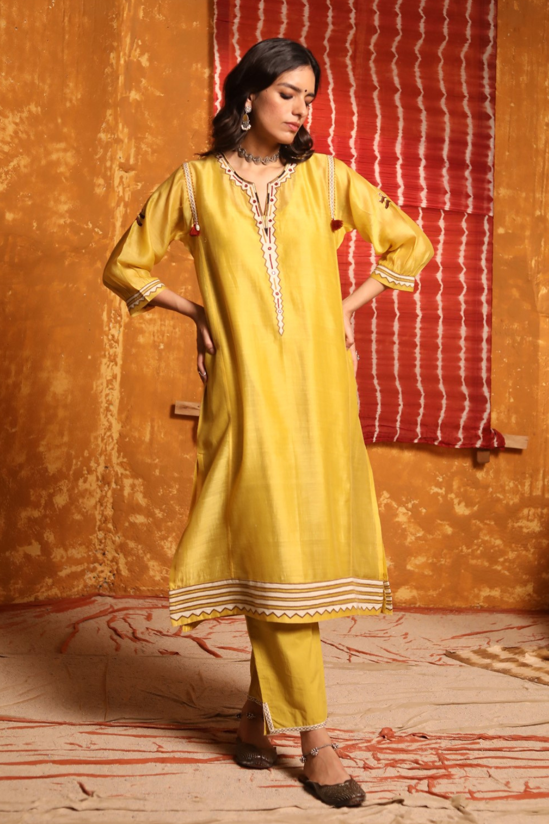 Mustard Triangle Applique Work Kurta With Pants & Dupatta