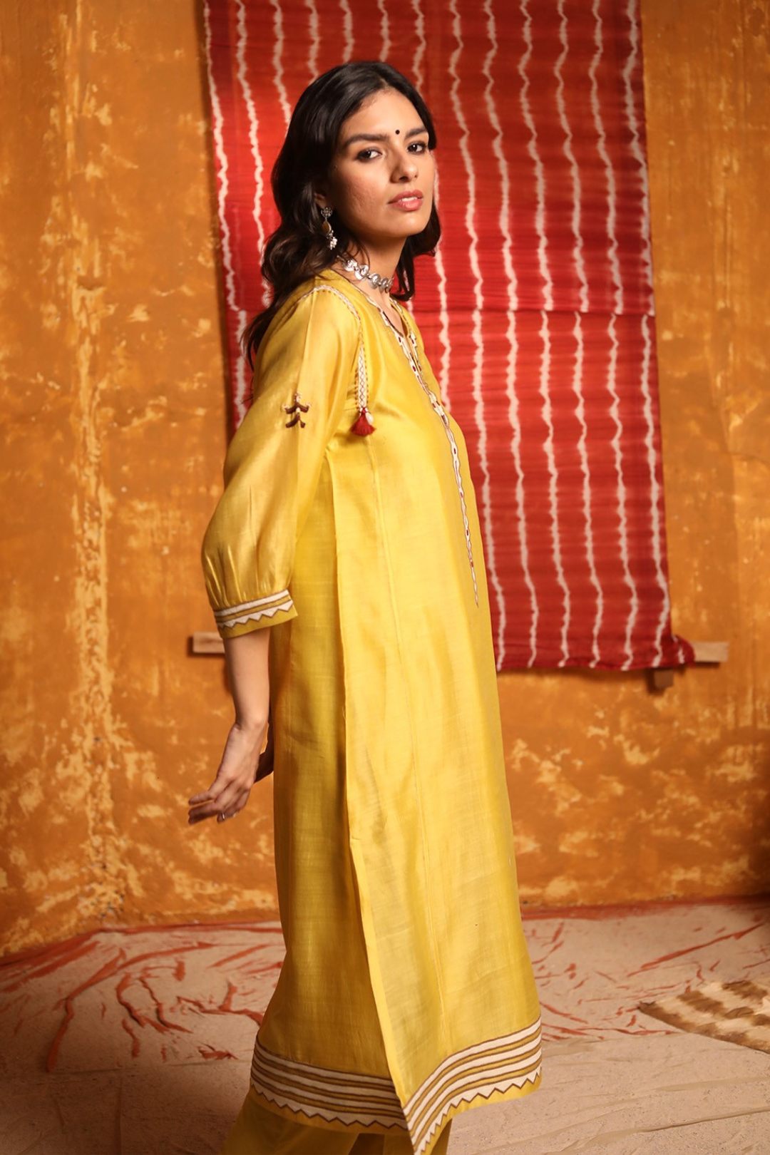 Mustard Triangle Applique Work Kurta With Pants & Dupatta