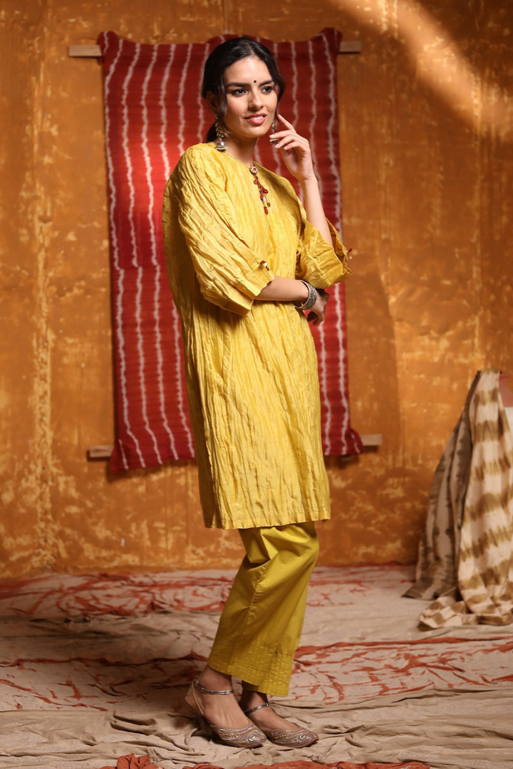 Mustard Triangle Applique Work Kurta With Pants & Dupatta