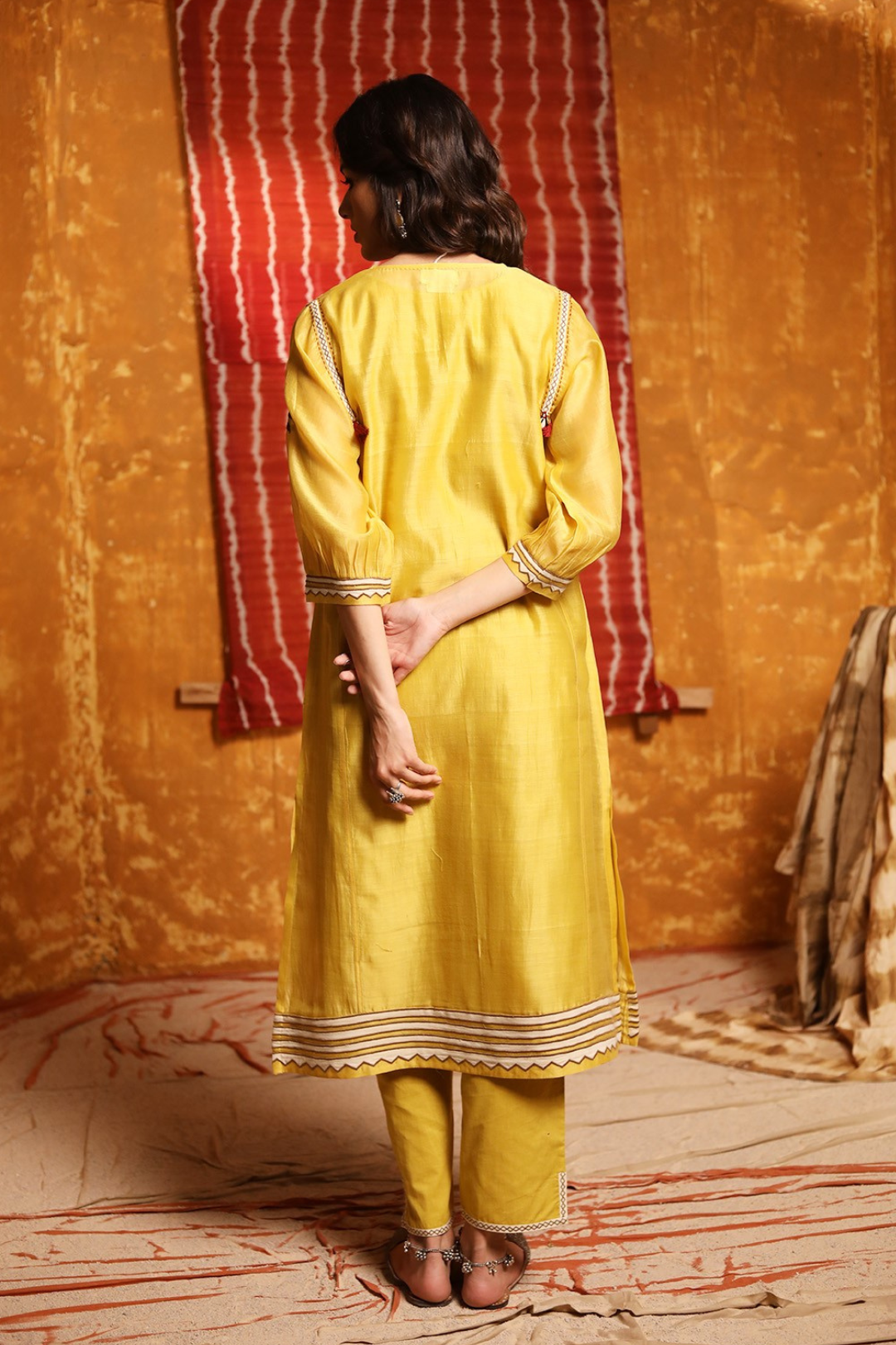 Mustard Triangle Applique Work Kurta With Pants & Dupatta