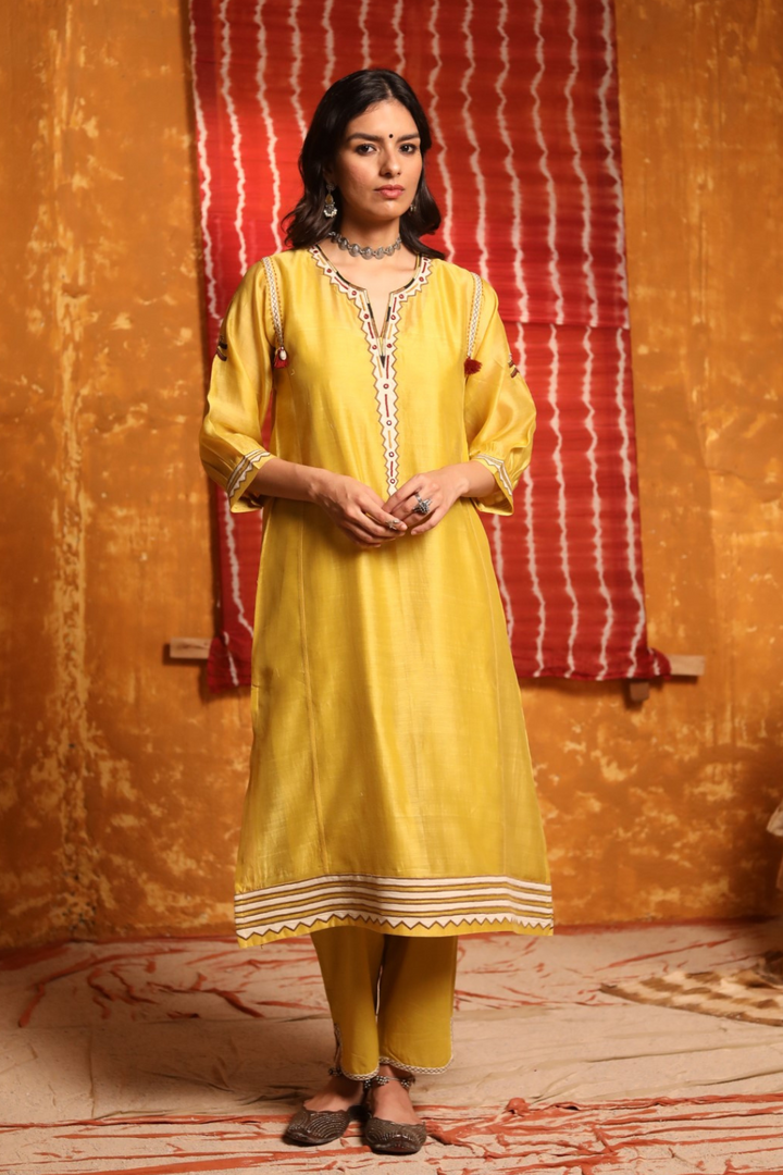 Mustard Triangle Applique Work Kurta With Pants & Dupatta