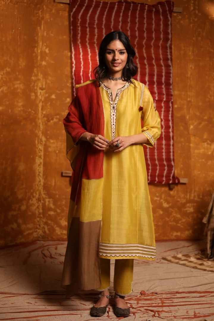 Mustard Triangle Applique Work Kurta With Pants & Dupatta