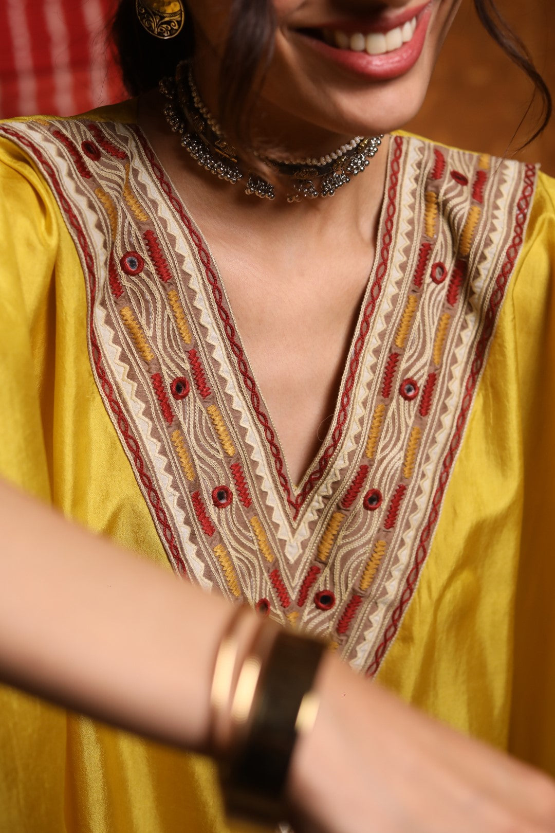 Mustard V-Neck Tribal Embroidery Silk Cape With Pant