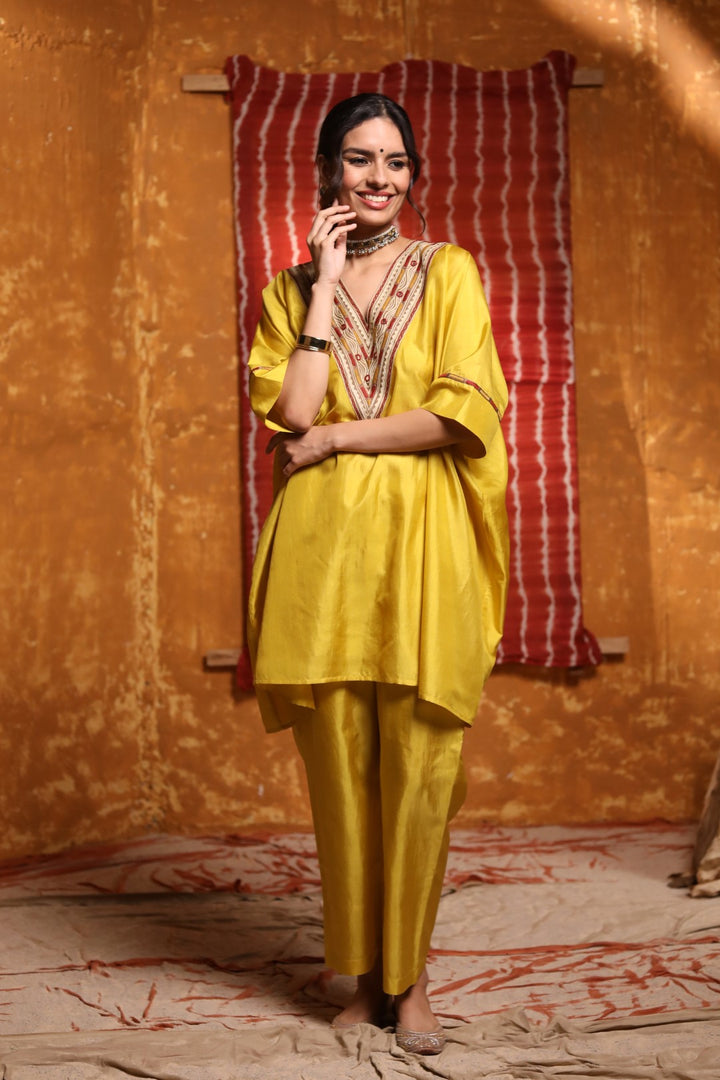 Mustard V-Neck Tribal Embroidery Silk Cape With Pant