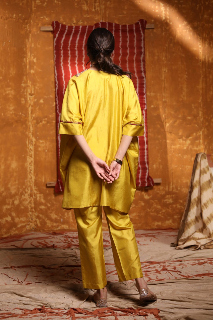 Mustard V-Neck Tribal Embroidery Silk Cape With Pant