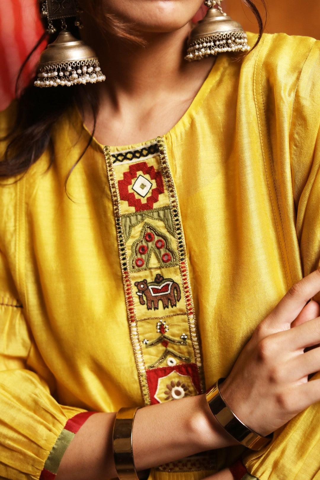 Mustard Tribal Placket Kali Kurta With Pants & Dupatta