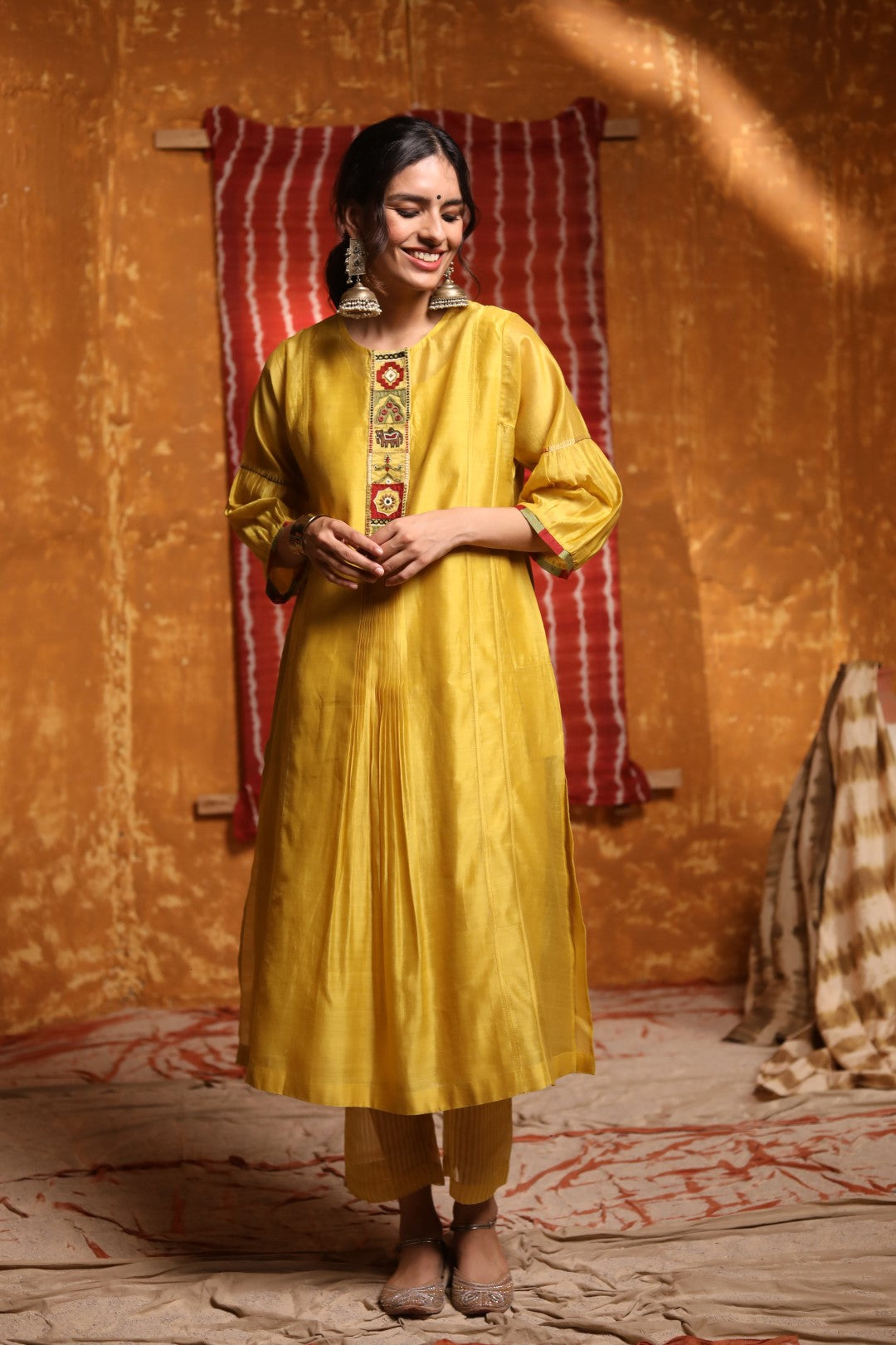 Mustard Tribal Placket Kali Kurta With Pants & Dupatta