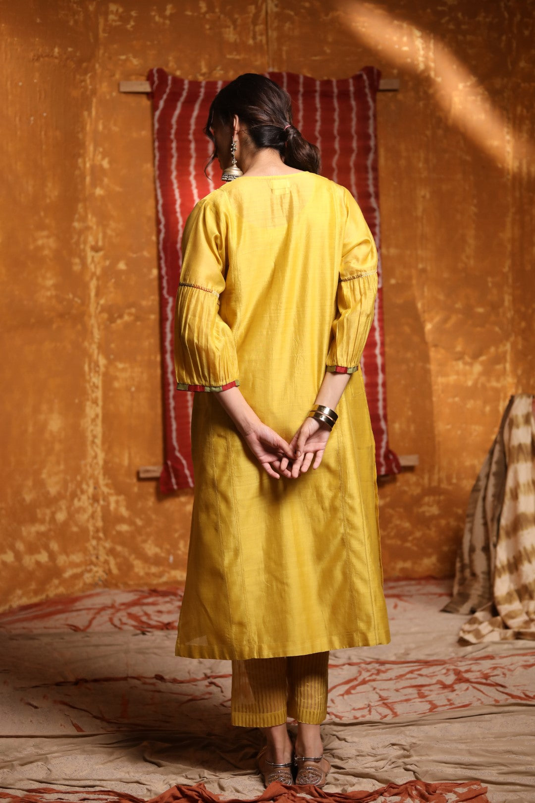 Mustard Tribal Placket Kali Kurta With Pants & Dupatta