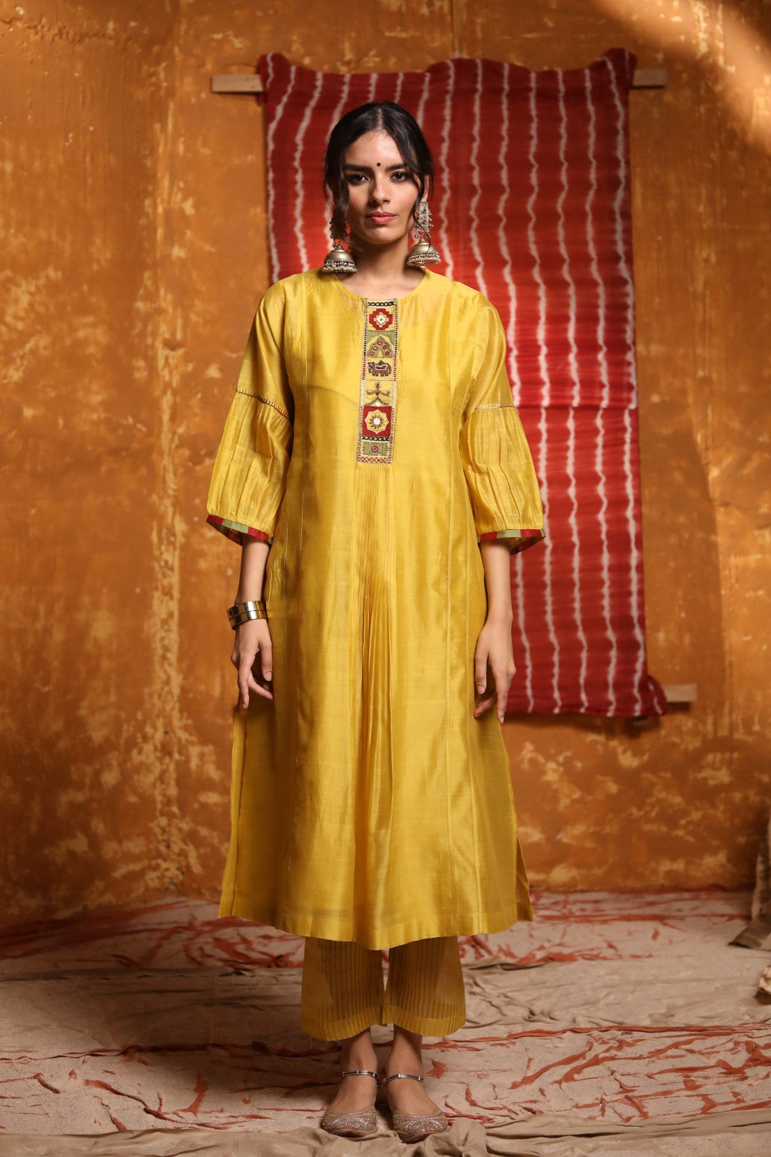 Mustard Tribal Placket Kali Kurta With Pants & Dupatta