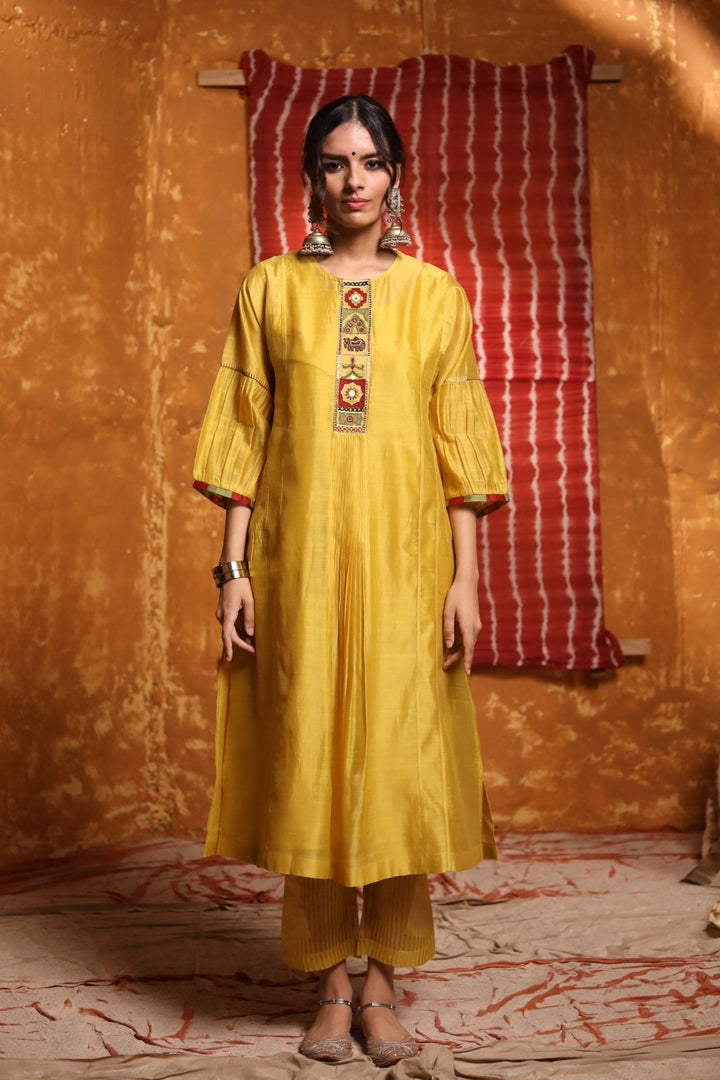 Mustard Cotton Pants With Striped Chanderi