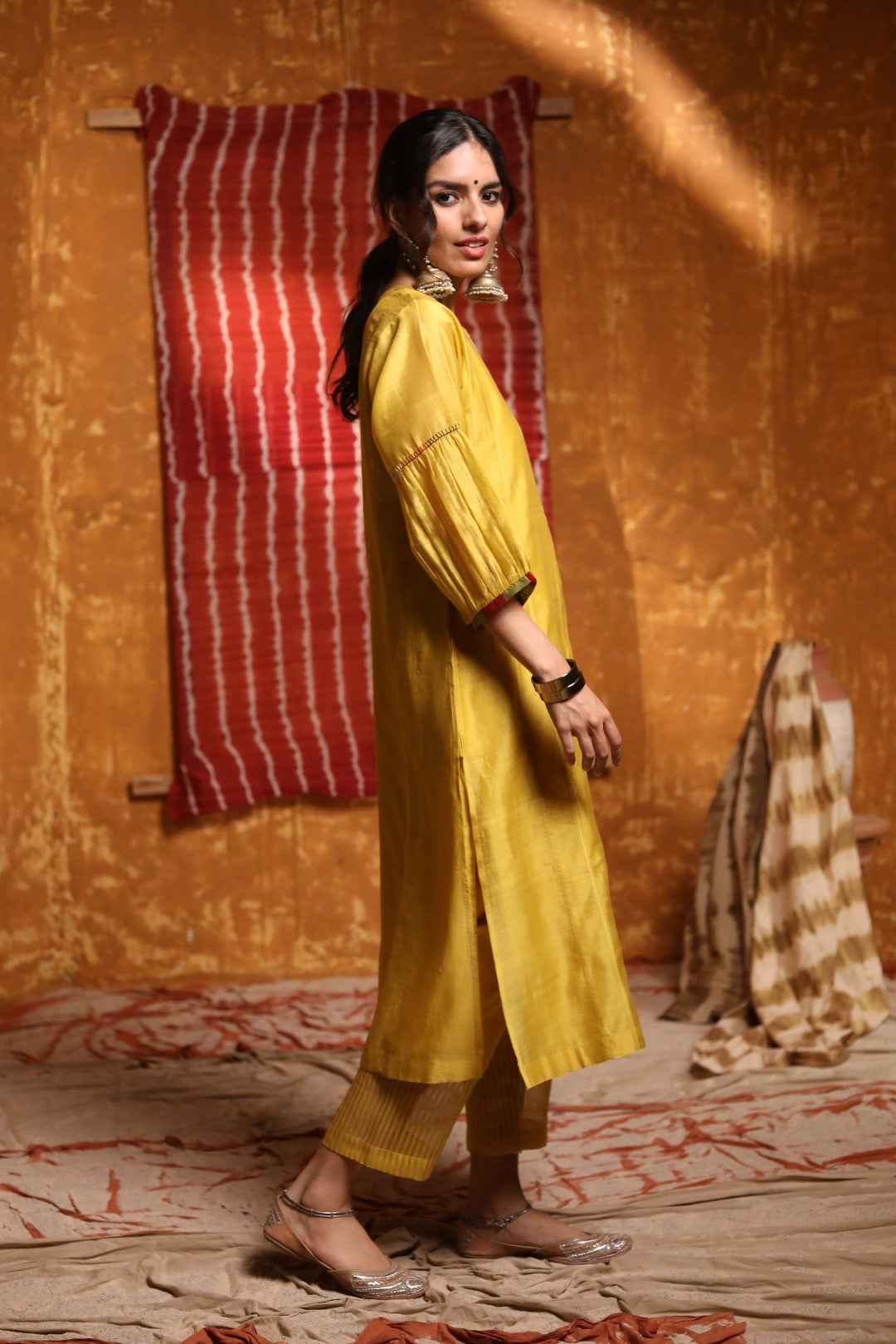 Mustard Tribal Placket Kali Kurta With Pants & Dupatta