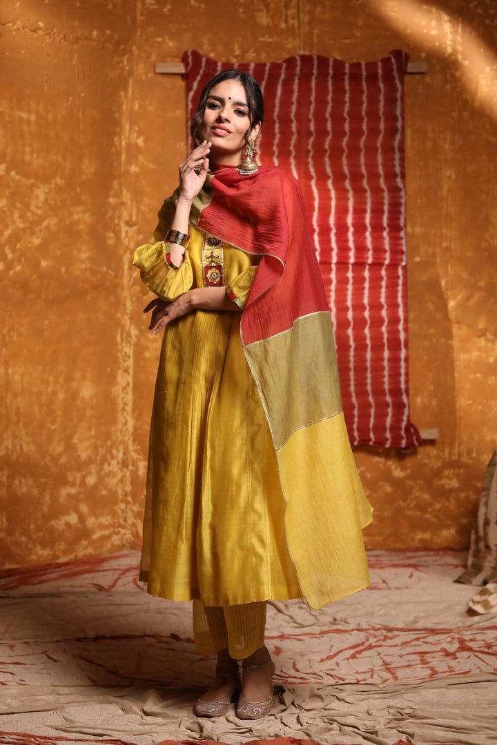 Mustard Tribal Placket Kali Kurta With Pants & Dupatta