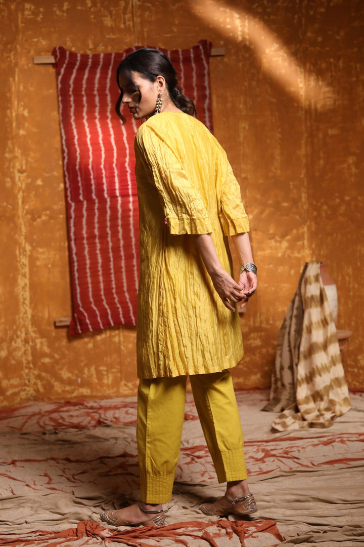 Mustard Crinkle Kimono With Pants