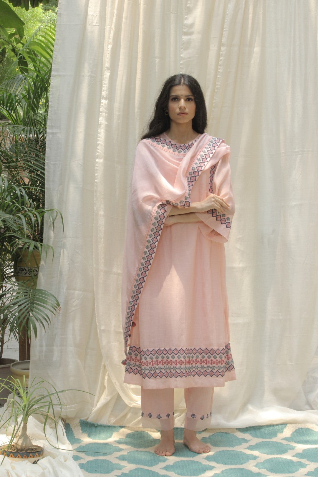 BABY PINK CHANDERI AZTEC EMBROIDERED SIDE PLEAT DRESS