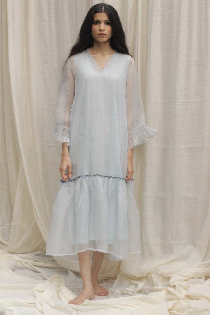 POWDER BLUE ORGANZA GATHER FRILL DRESS