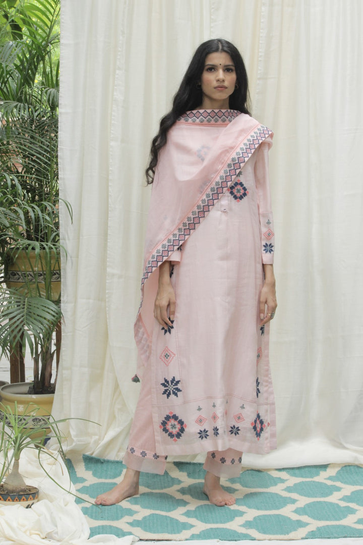 BABY PINK CHANDERI AZTEC EMBROIDERED KALI KURTA