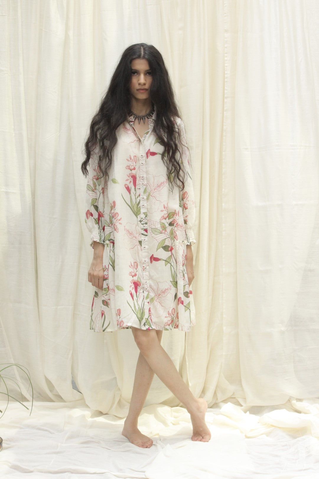 CREAM COTTON TULIP FLOWER PRINTED TIER DRESS