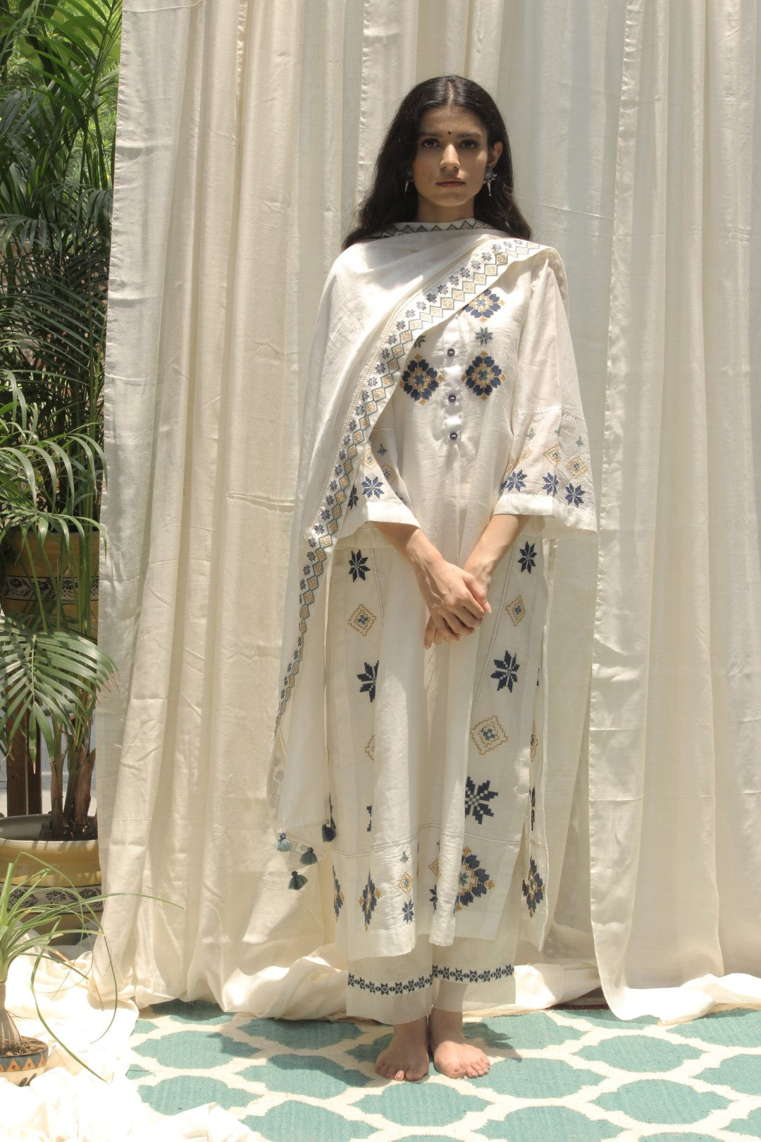 CREAM CHANDERI AZTEC EMBROIDERED KALI KURTA WITH EMBROIDERED DUPATTA AND PANT SET OF 3