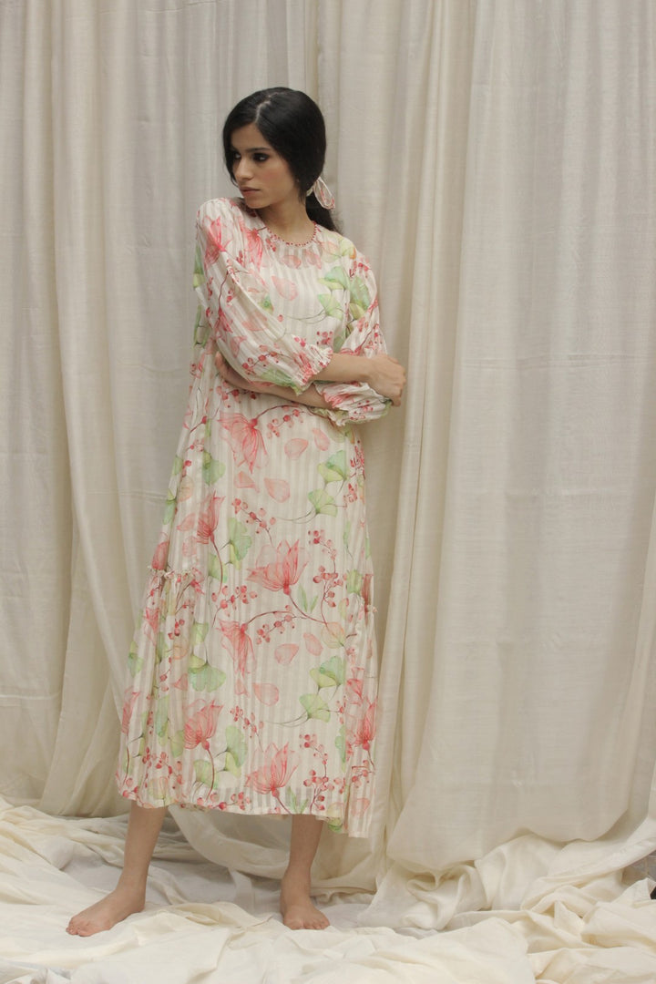 CREAM CHANDERI MAGNOLIA PRINT A-LINE DRESS