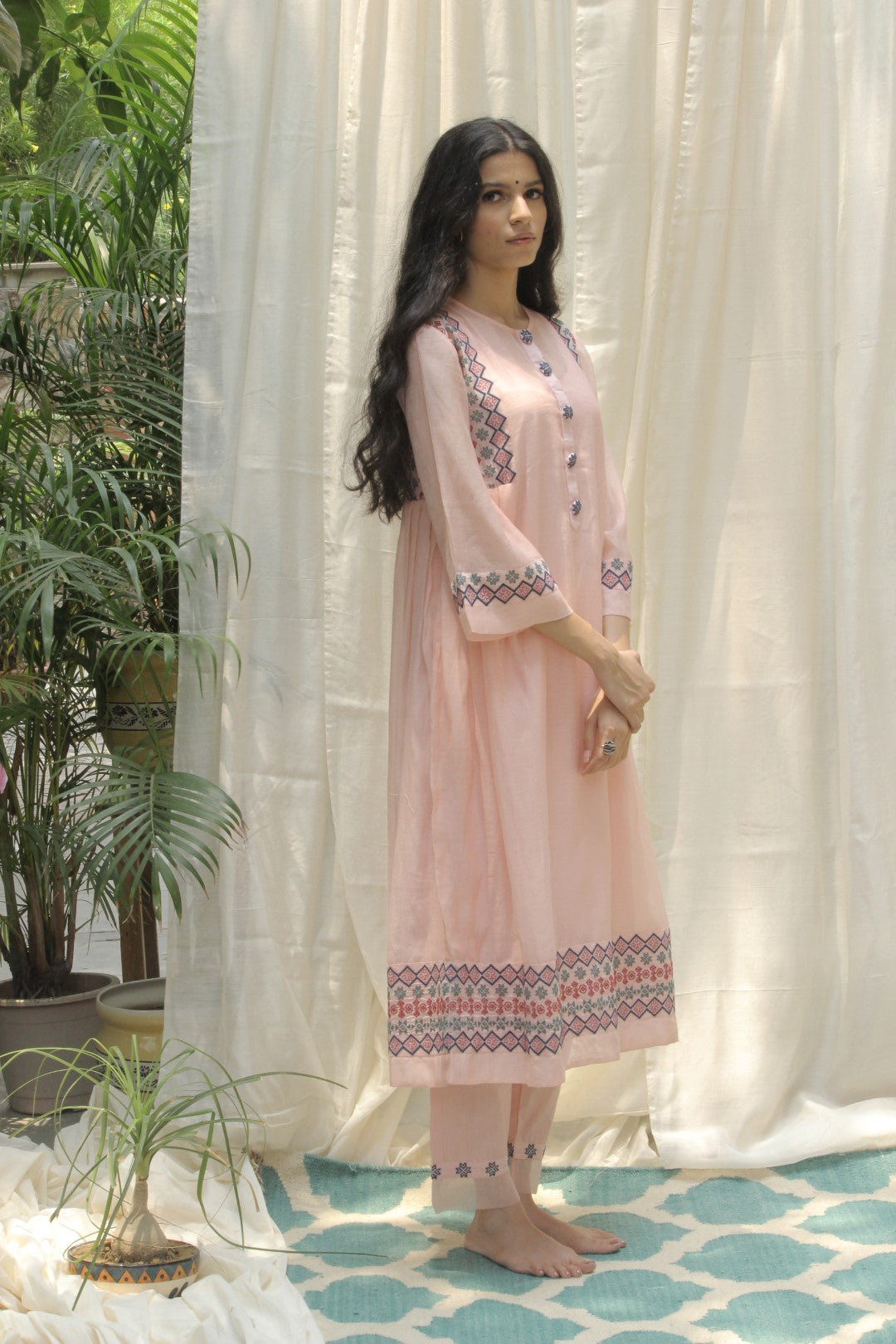 BABY PINK CHANDERI AZTEC EMBROIDERED SIDE PLEAT DRESS WITH EMBROIDERED KURTA AND PANTS SET OF 3