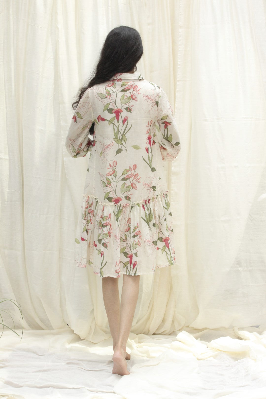 CREAM COTTON TULIP FLOWER PRINTED TIER DRESS