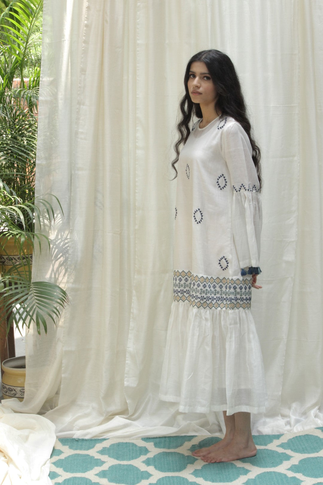 CREAM CHANDERI AZTEC EMBROIDERED GATHER FRILL DRESS