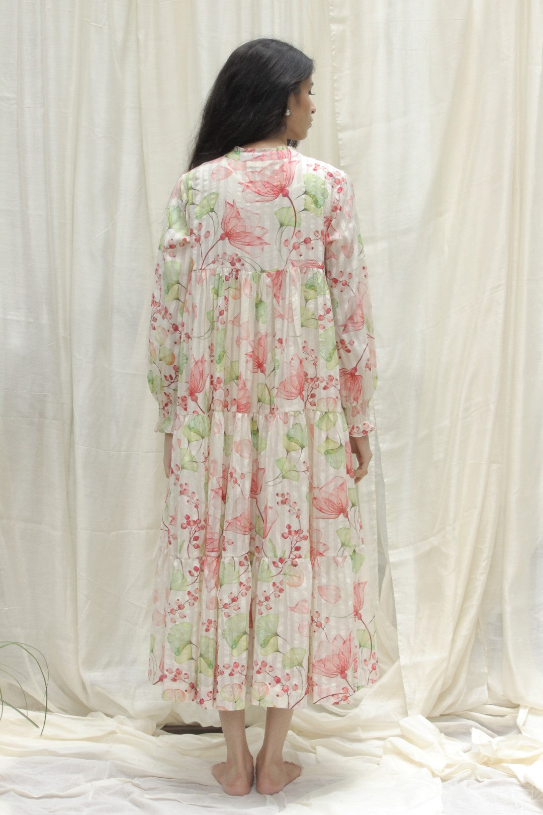 CREAM CHANDERI MAGNOLIA PRINT GATHER FRILL DRESS