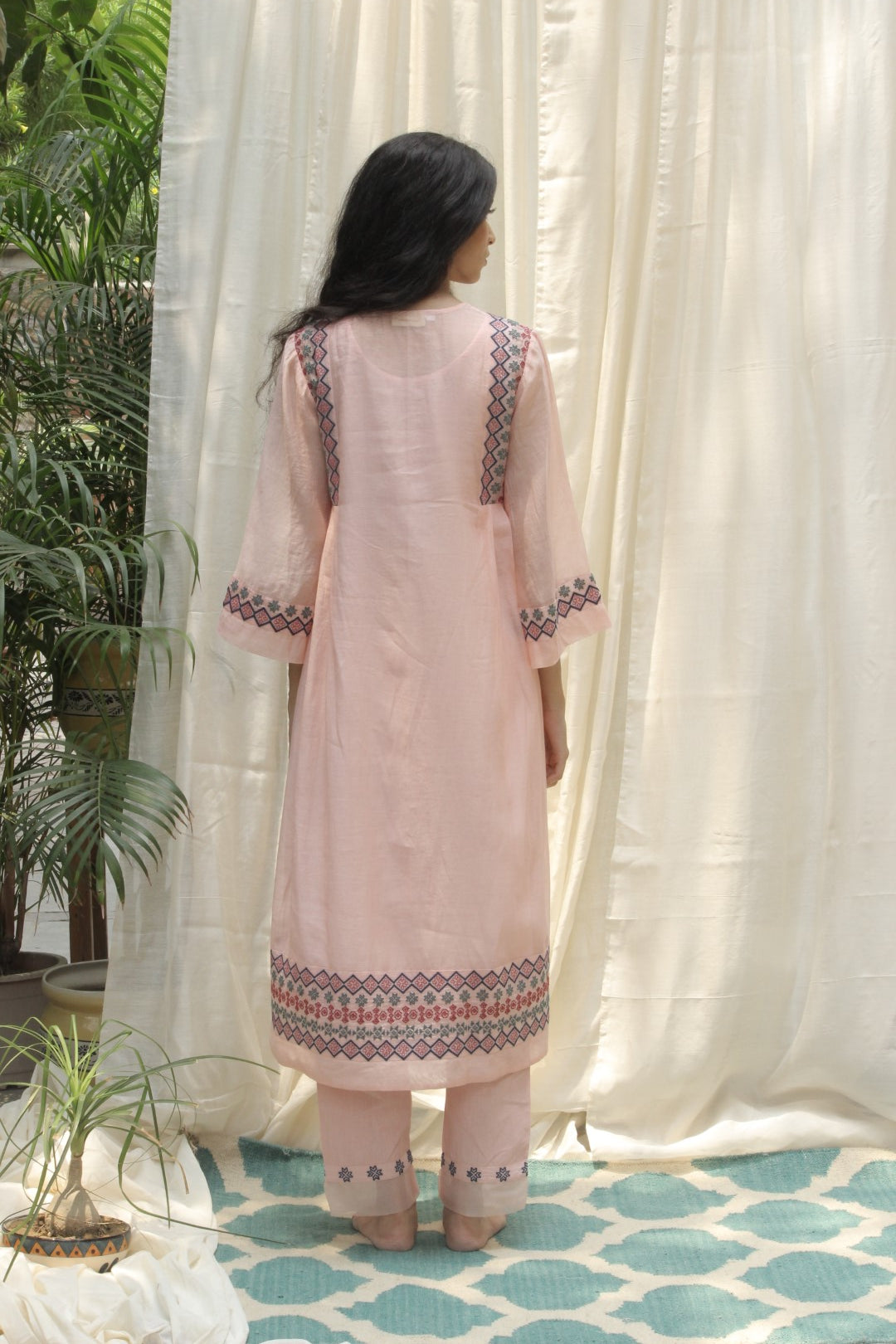 BABY PINK CHANDERI AZTEC EMBROIDERED SIDE PLEAT DRESS WITH EMBROIDERED KURTA AND PANTS SET OF 3