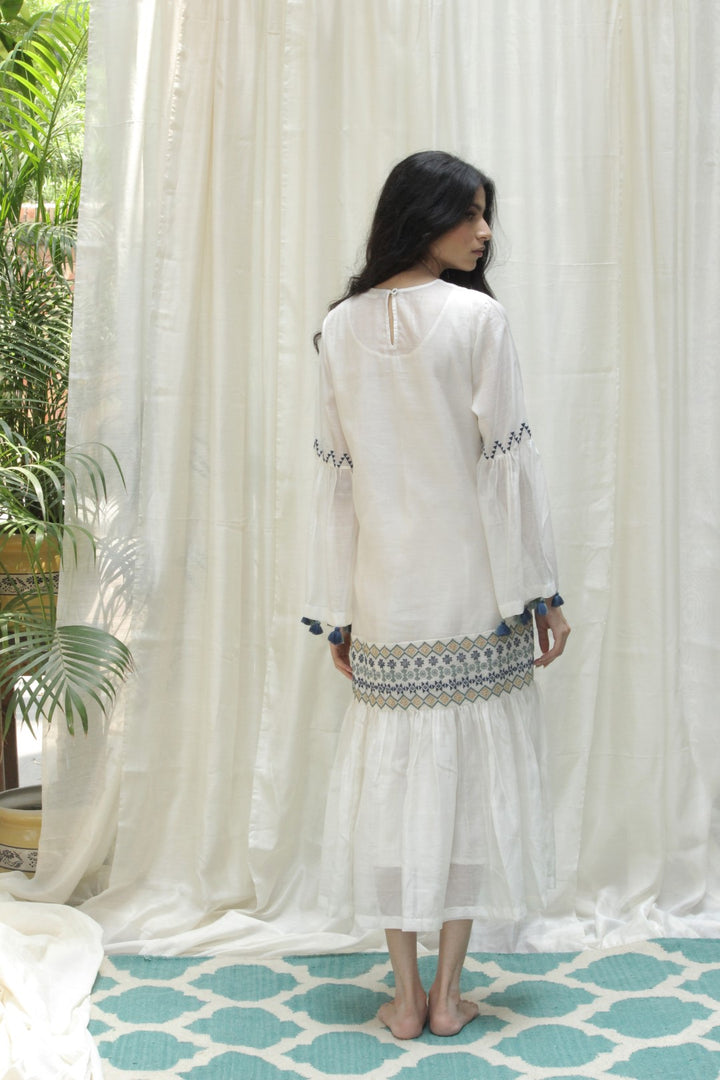 CREAM CHANDERI AZTEC EMBROIDERED GATHER FRILL DRESS