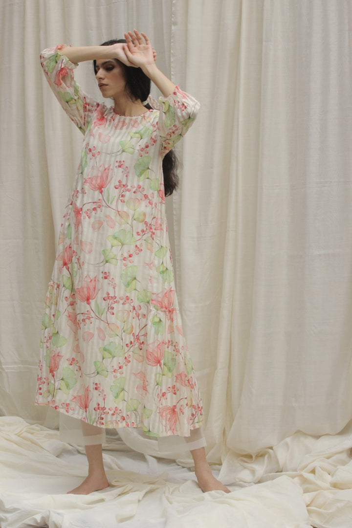 CREAM CHANDERI MAGNOLIA PRINT A-LINE DRESS