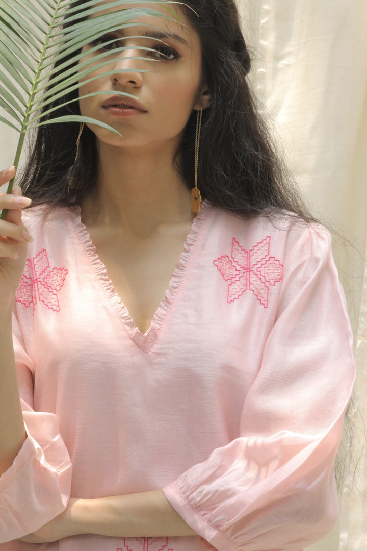 BABY PINK CHANDERI EMBROIDERED OMBRE V-NECK DRESS