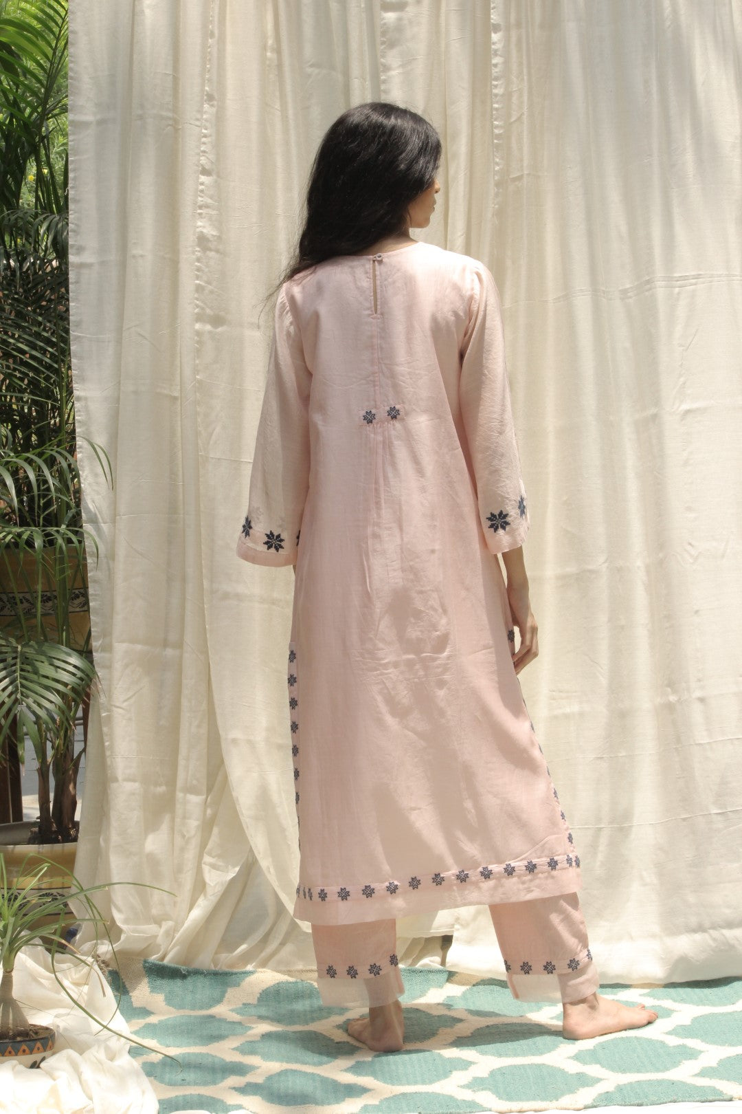 BABY PINK CHANDERI AZTEC EMBROIDERED LONG PANEL KURTA WITH EMBROIDERED DUPATTA AND PANT SET OF 3