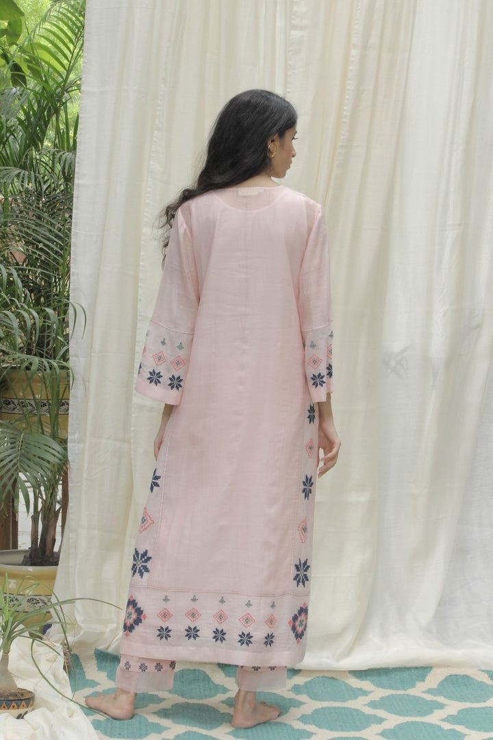 BABY PINK CHANDERI AZTEC EMBROIDERED KALI KURTA WITH EMBROIDERED DUPATTA AND PANTS SET OF 3