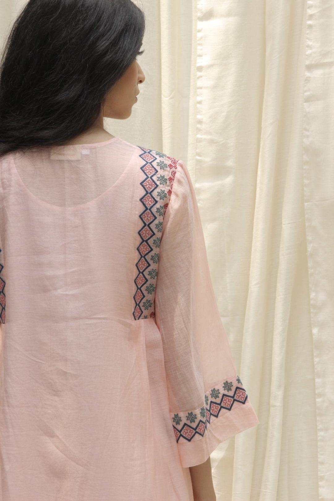 BABY PINK CHANDERI AZTEC EMBROIDERED SIDE PLEAT DRESS