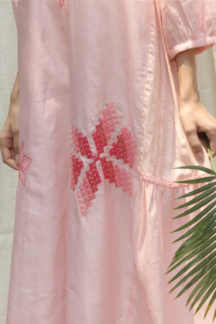 BABY PINK CHANDERI EMBROIDERED OMBRE V-NECK DRESS