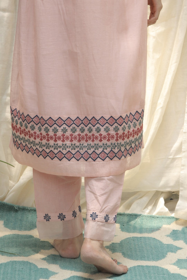 BABY PINK CHANDERI AZTEC EMBROIDERED SIDE PLEAT DRESS WITH EMBROIDERED KURTA AND PANTS SET OF 3